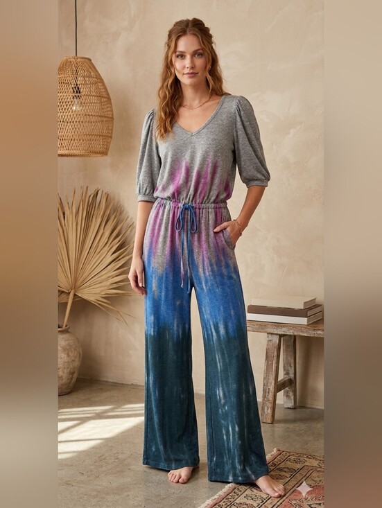 Chaser Pants - Chaser RPET Bliss Knit Puff Sleeve Wide Leg Jumpsuit NWT Sz Small